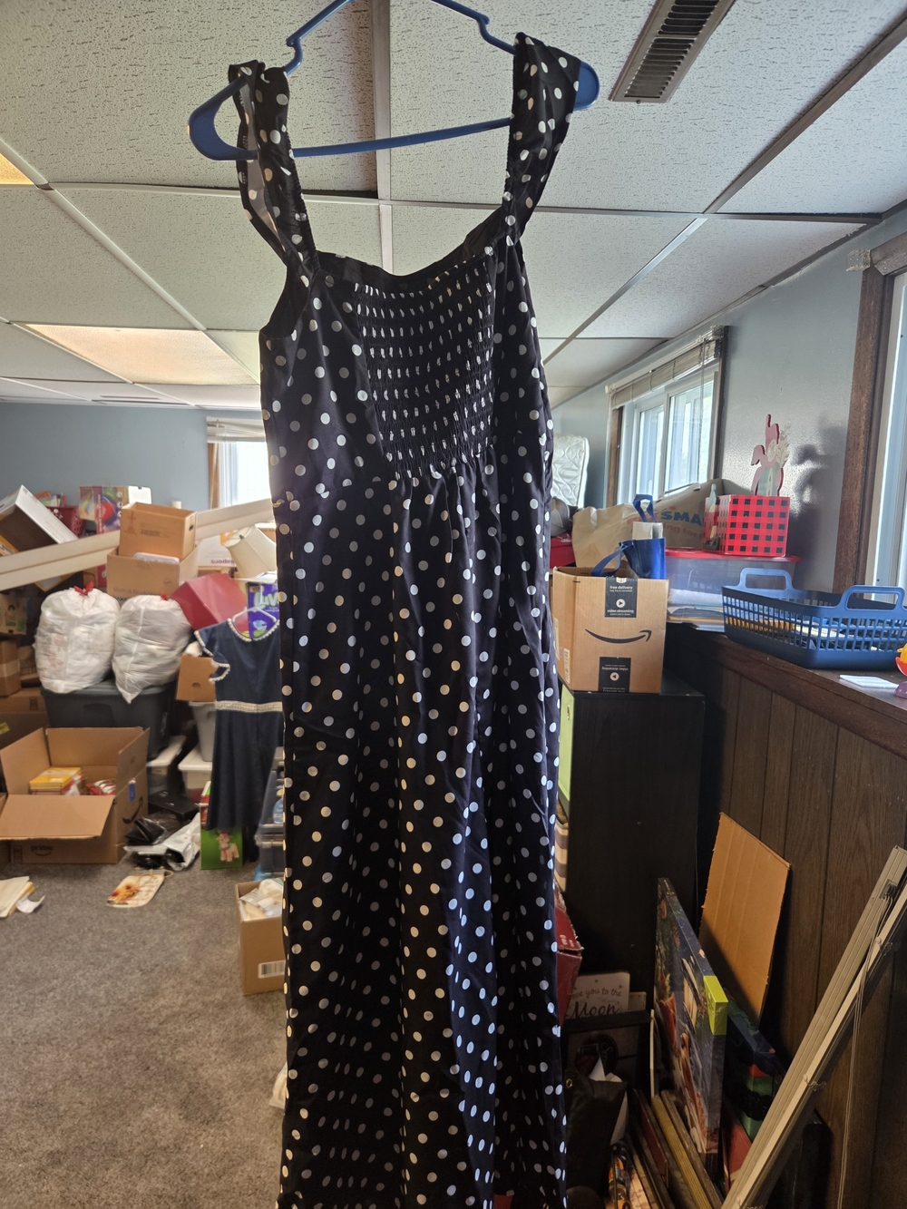 Black Polka Dot Midi Dress with Tie Straps